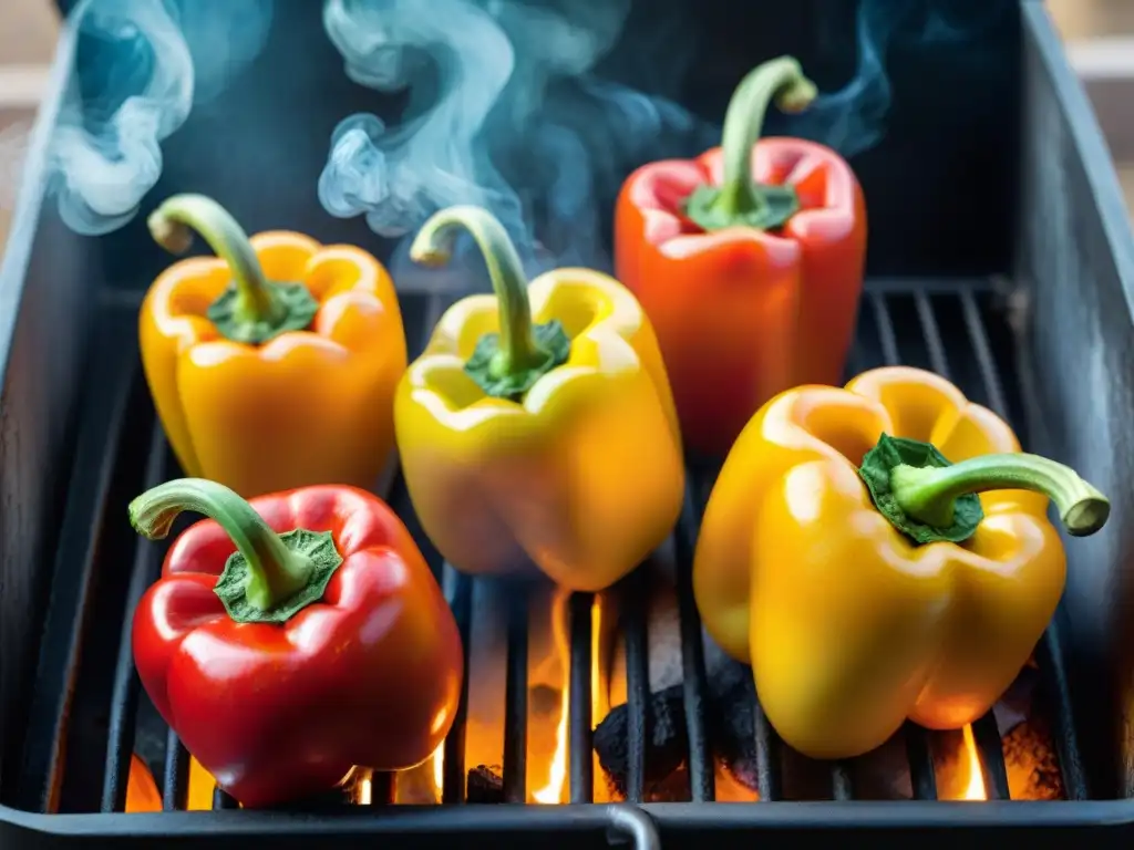 Deliciosos pimientos rellenos asados con carne, arroz y queso, en una parrilla al aire libre