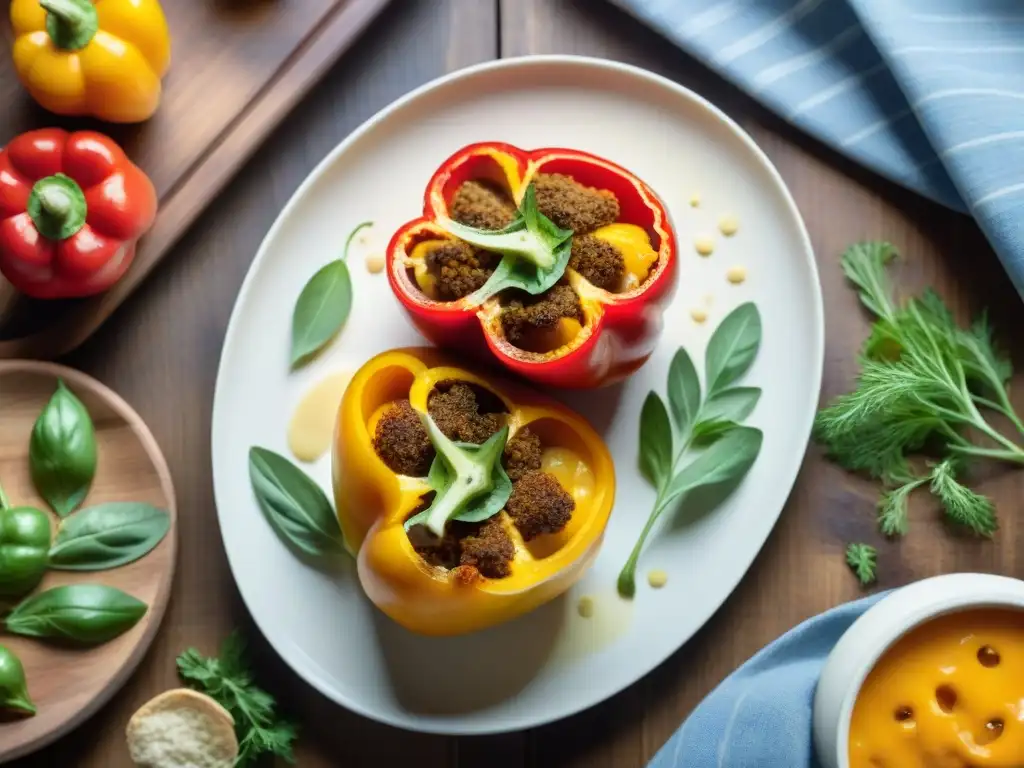 Deliciosos pimientos rellenos asados con queso derretido y hierbas frescas en una mesa rústica