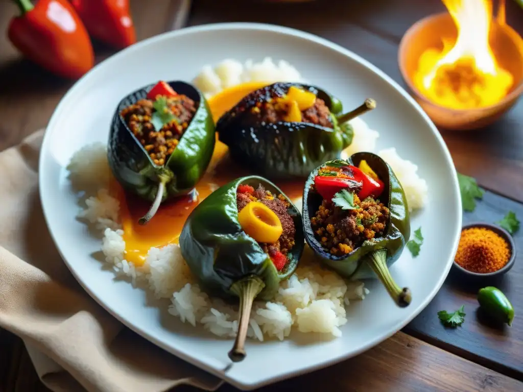 Deliciosos pimientos rellenos asados en mesa rústica, con rellenos variados y un grill al fondo