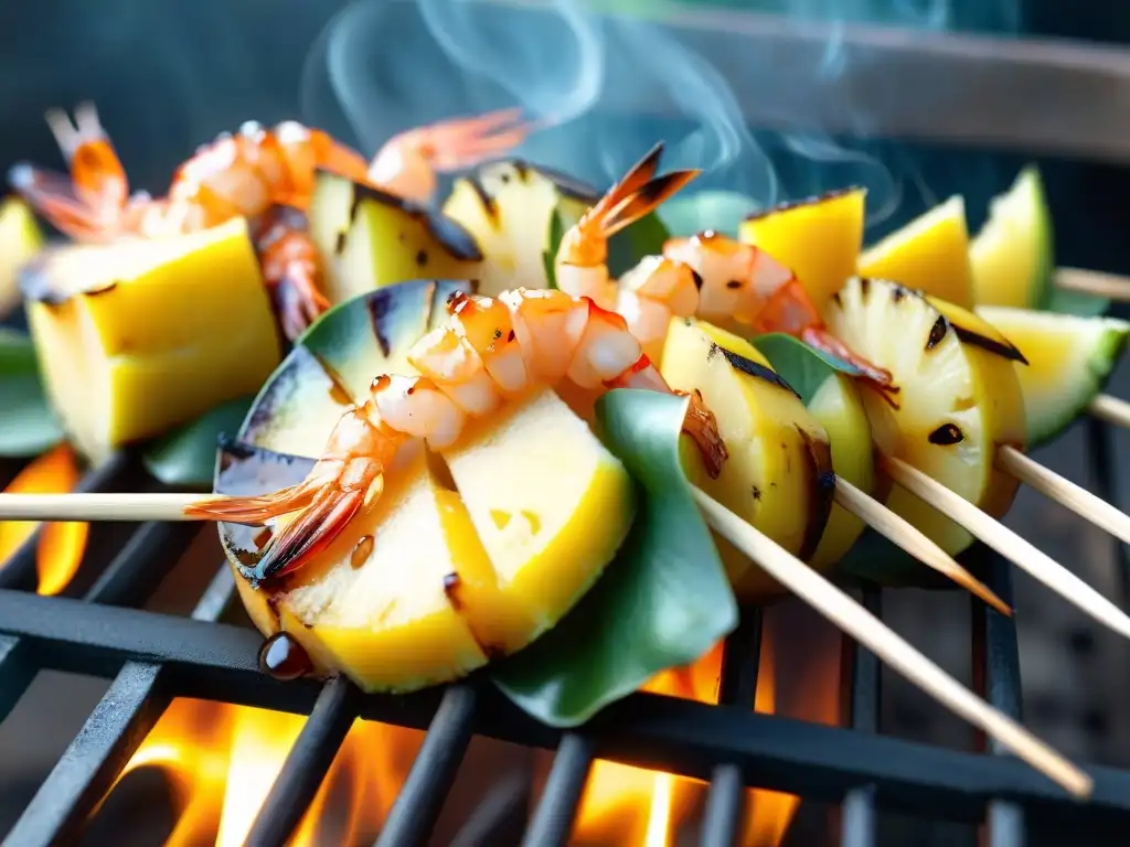 Deliciosos pinchos de camarones y piña a la parrilla con glaseado de mango, perfectamente cocinados