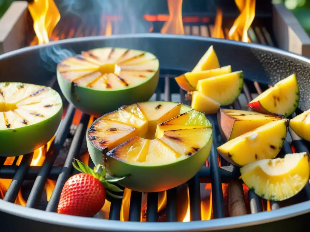 Deliciosos postres asados con frutas caramelizadas en parrilla al aire libre