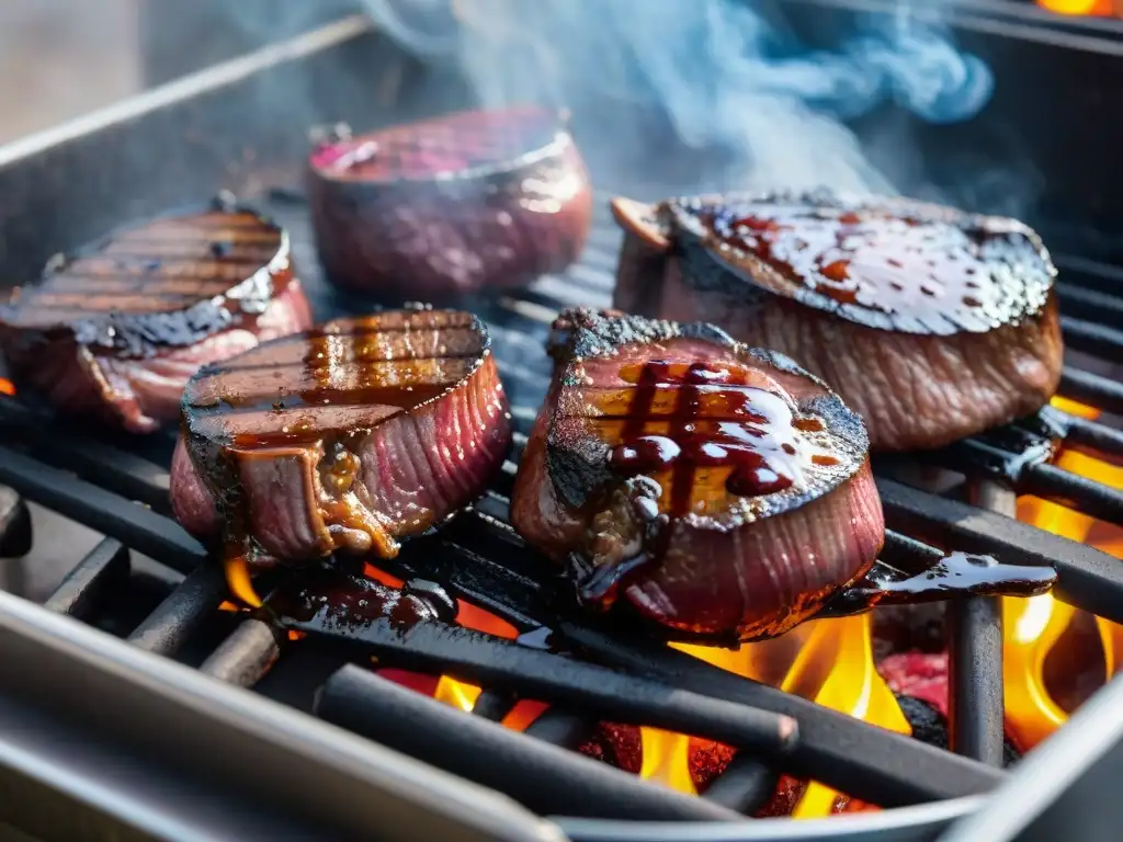 Deliciosos riñones de res en vino tinto a la parrilla, con marcas de cocción, reducción burbujeante y humo aromático