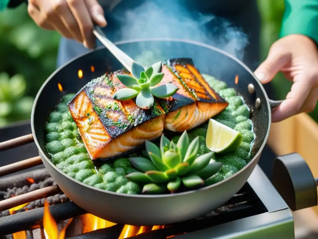 Deliciosos salmonetes a parrilla con salsa verde, cocinados a la perfección en un día soleado en el jardín