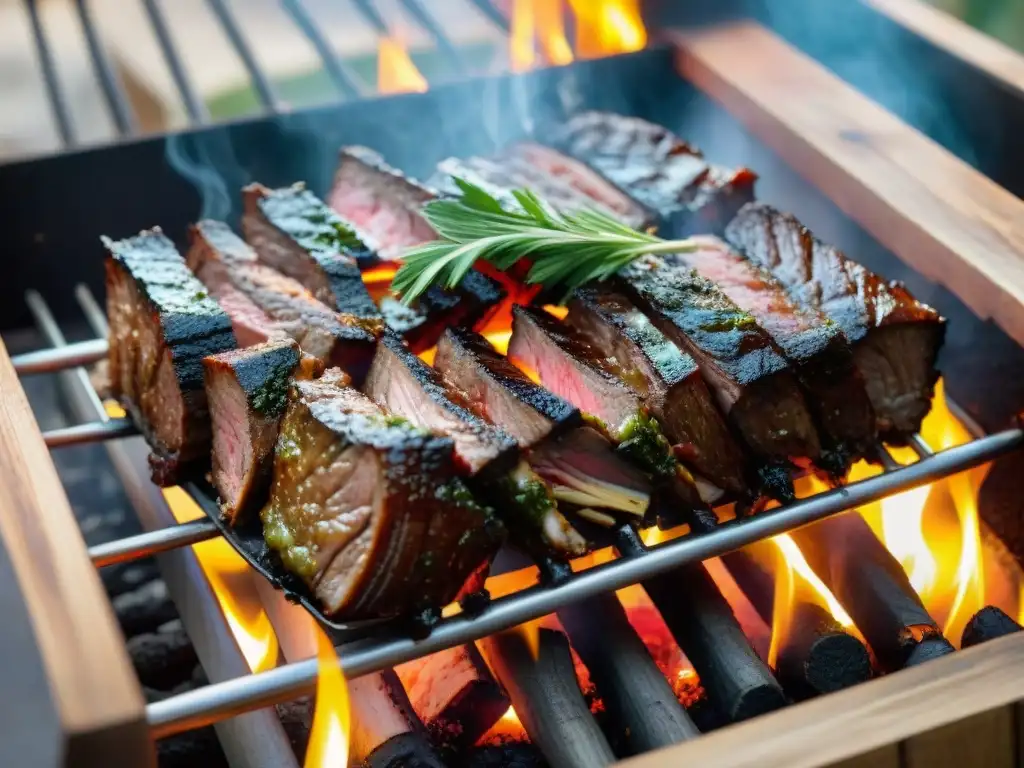 Deliciosos secretos del asado de tira uruguayo en parrilla tradicional, con humeantes costillas y chimichurri vibrante