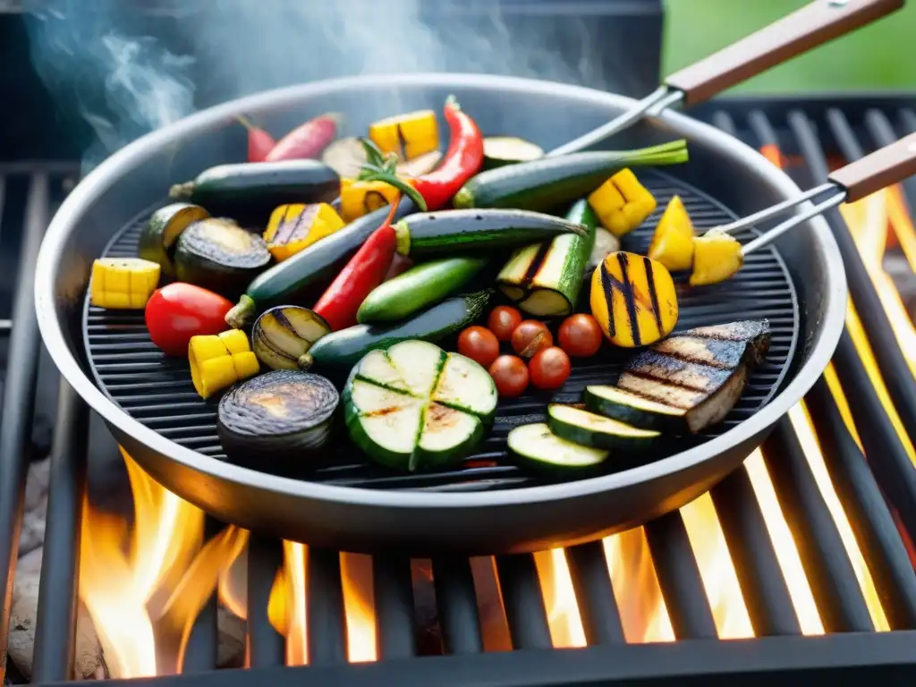 Deliciosos vegetales de estación para asado en parrilla, humeantes y coloridos