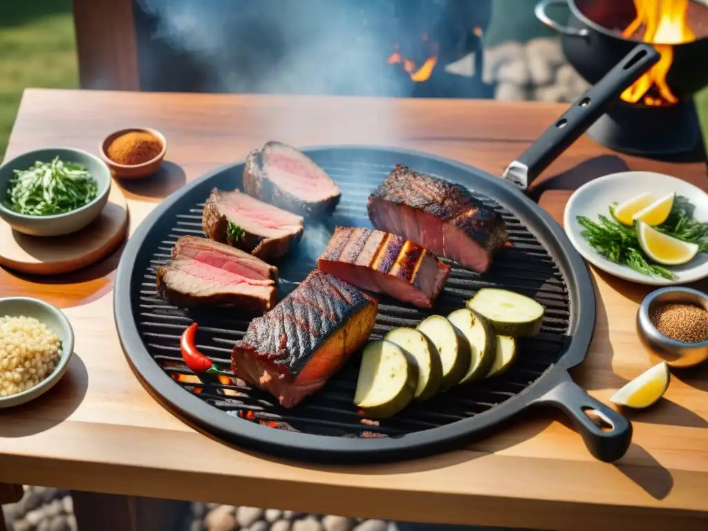 Detallada escena de asado uruguayo con accesorios para asado uruguayo en una parrilla rústica rodeada de amigos y familiares felices