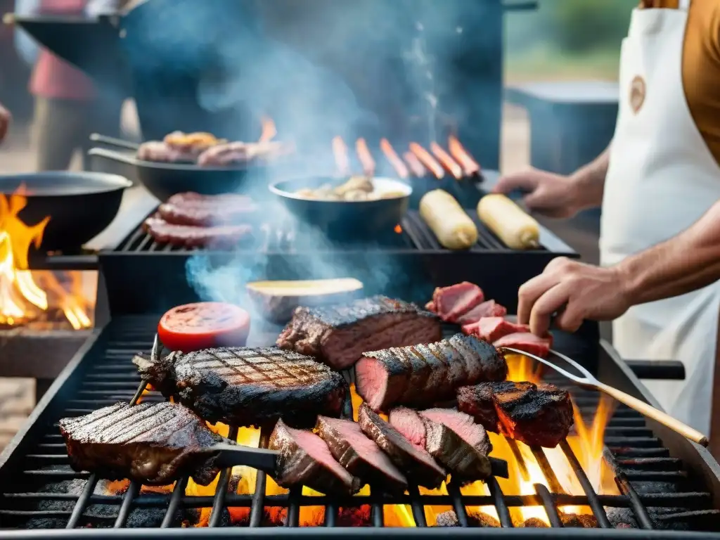 Detallada escena de asado uruguayo con variedad de carnes en la parrilla, gaucho y familia disfrutando las técnicas de asado uruguayo