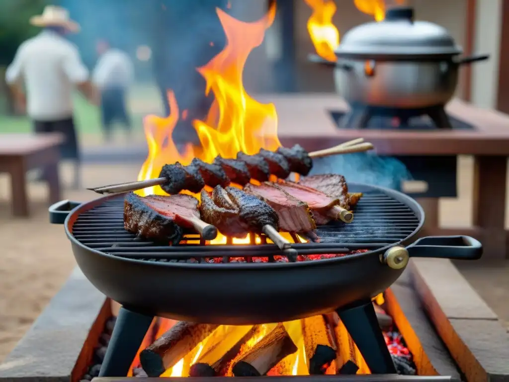 Detallada parrilla para asado uruguayo con diseño de hierro fundido y brasas brillantes, rodeada de elementos tradicionales