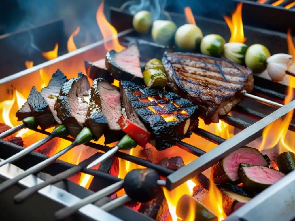 Detallada parrilla uruguaya con carne y vegetales asándose sobre brasas, reflejando técnicas de asado uruguayo