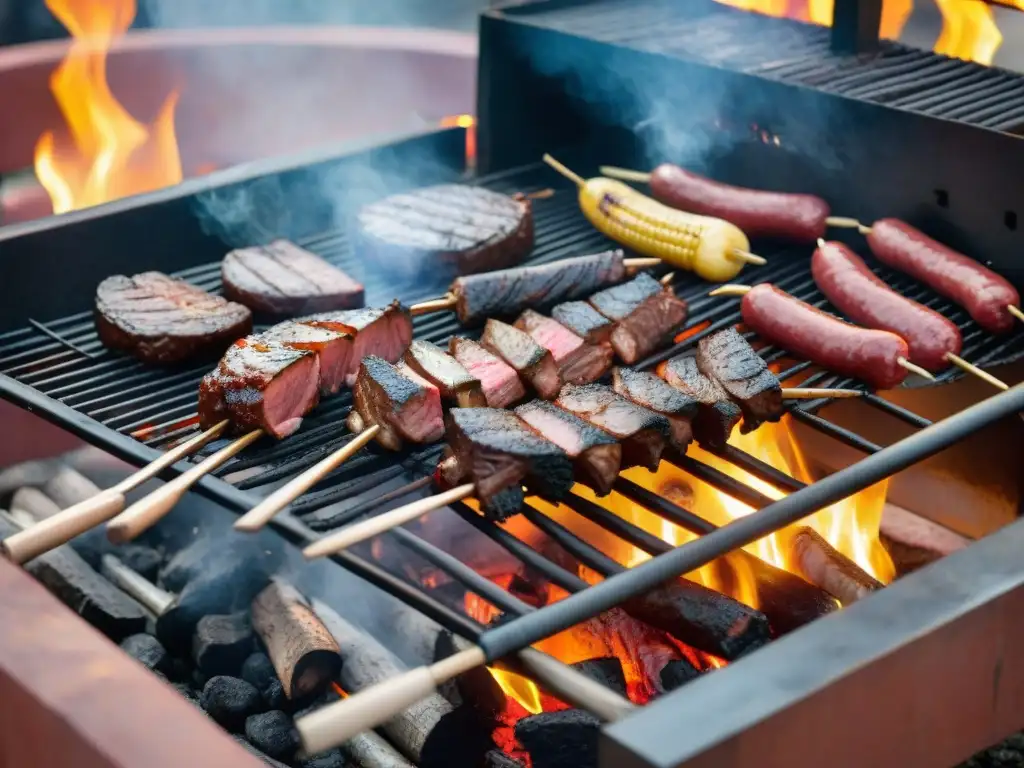 Detallada parrilla uruguaya con carbón vegetal premium para asado y suculentas carnes a la parrilla