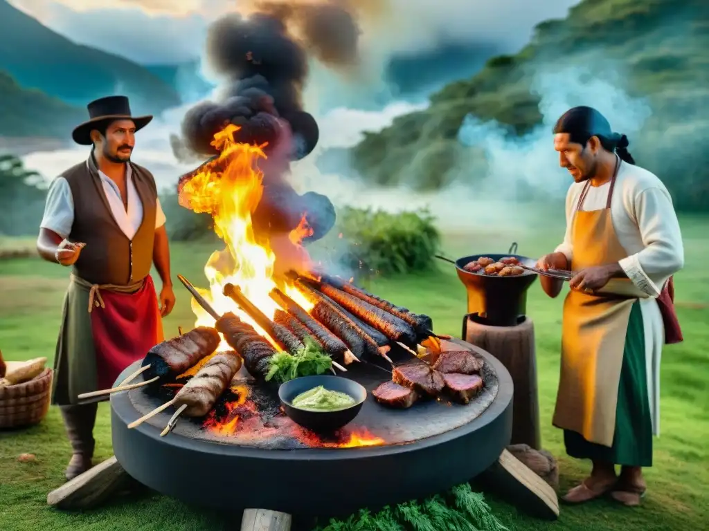 Ilustración detallada de indígenas uruguayos preparando una parrillada precolombina en paisaje verde exuberante