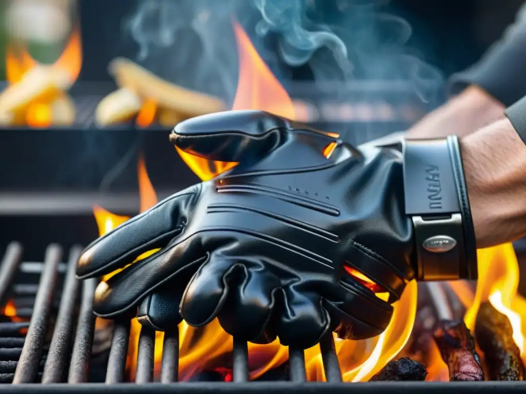 Guantes de barbacoa de alto rendimiento: detallados y elegantes Detallados guantes asador de alto rendimiento en material negro resistente al calor, con diseño elegante y acolchado reforzado, sobre parrilla con carne y vegetales asados, creando una experiencia de barbacoa exitosa y elegante