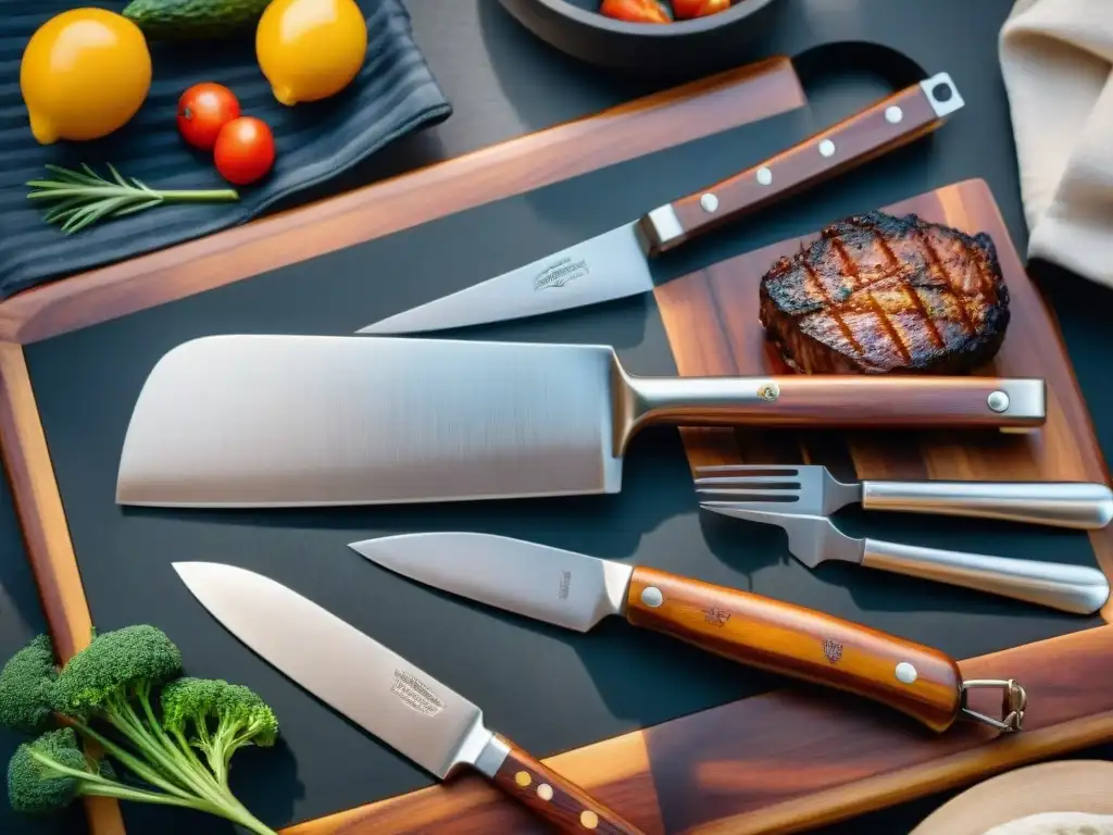 Detalle artesanal: utensilios de asado en acero inoxidable sobre tabla de madera, listos para el asado al asador perfecto