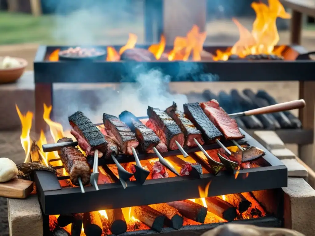 Detalle del asado uruguayo tradicional con secretos de la parrilla y carne suculenta sobre las llamas