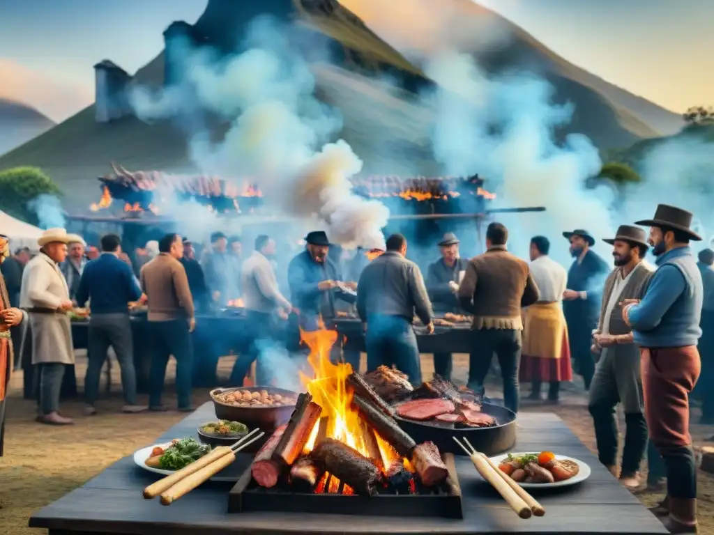 Detalle de un asado uruguayo tradicional con gauchos asando carne a la parrilla en el campo