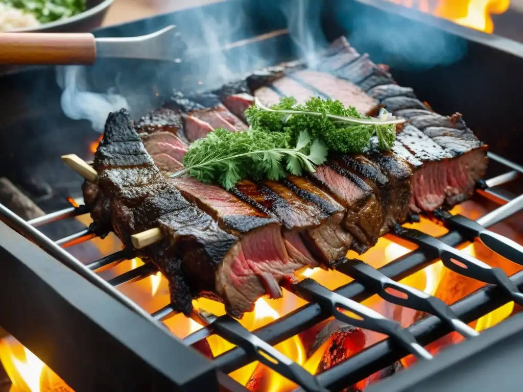 Detalle asombroso de un asado uruguayo sizzling en parrilla tradicional, con marbling intrincado y hierbas locales, Preparación asado según zona