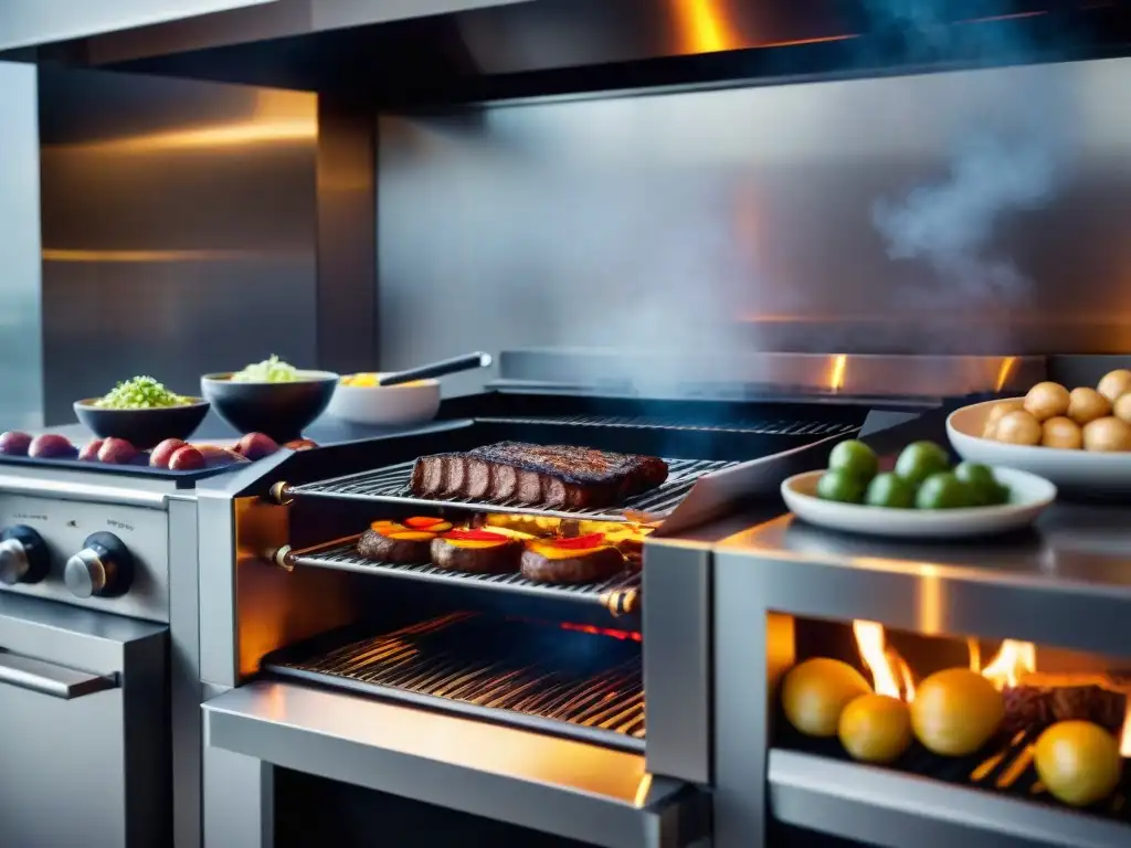 Detalle de cocina moderna con parrilla uruguaya y técnicas alta cocina para asado