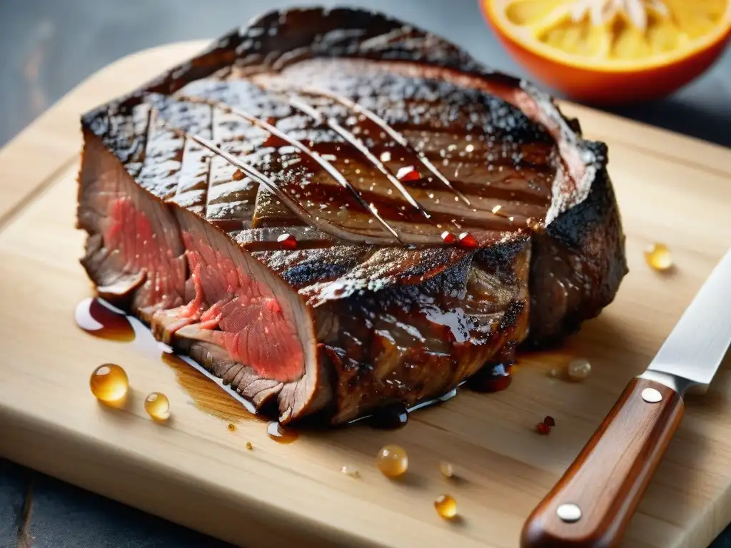 Detalle fotográfico de un suculento corte de carne ribeye marmoleado en tabla de madera