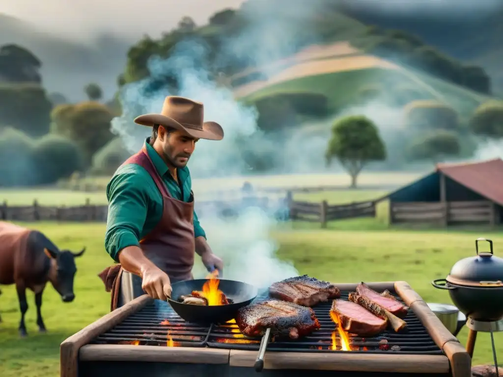 Detalle fotorealista de un asado uruguayo tradicional, con técnicas de asado uruguayo en una escena campestre auténtica