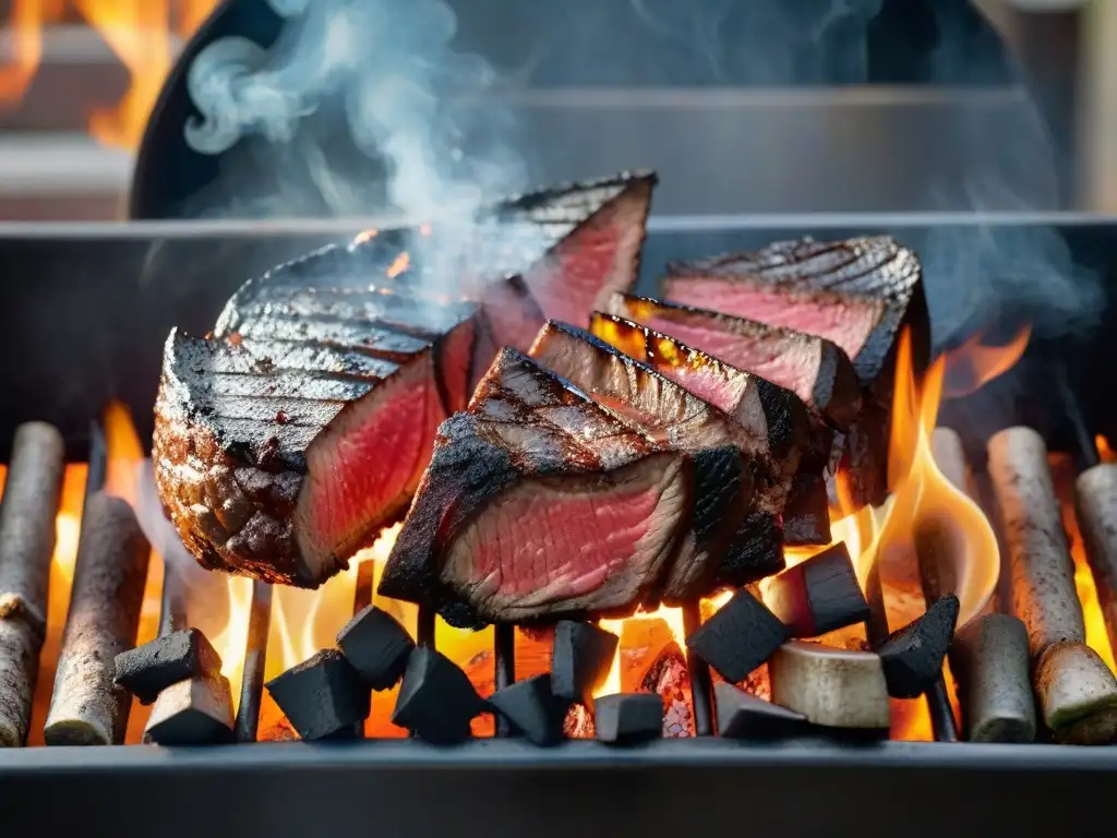 Detalle hipnotizante de carbón ardiente y carne jugosa en parrilla, evocando las ventajas del carbón en asado