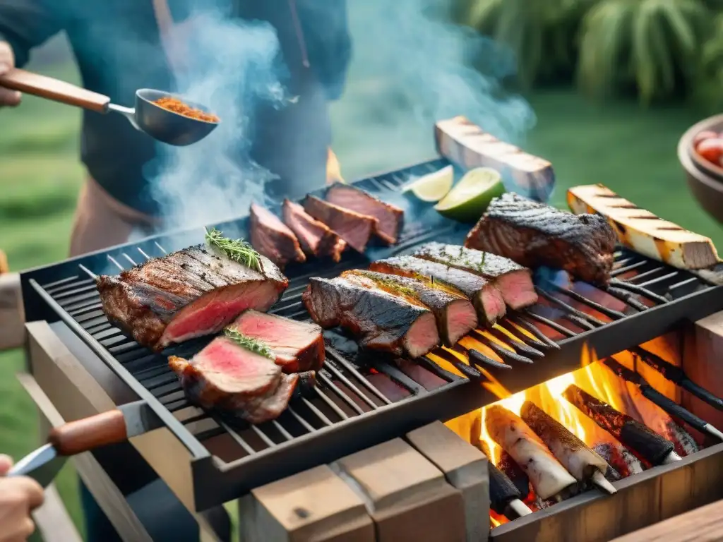 Detalle impresionante de un asado uruguayo tradicional con certificaciones técnicas asado uruguayo