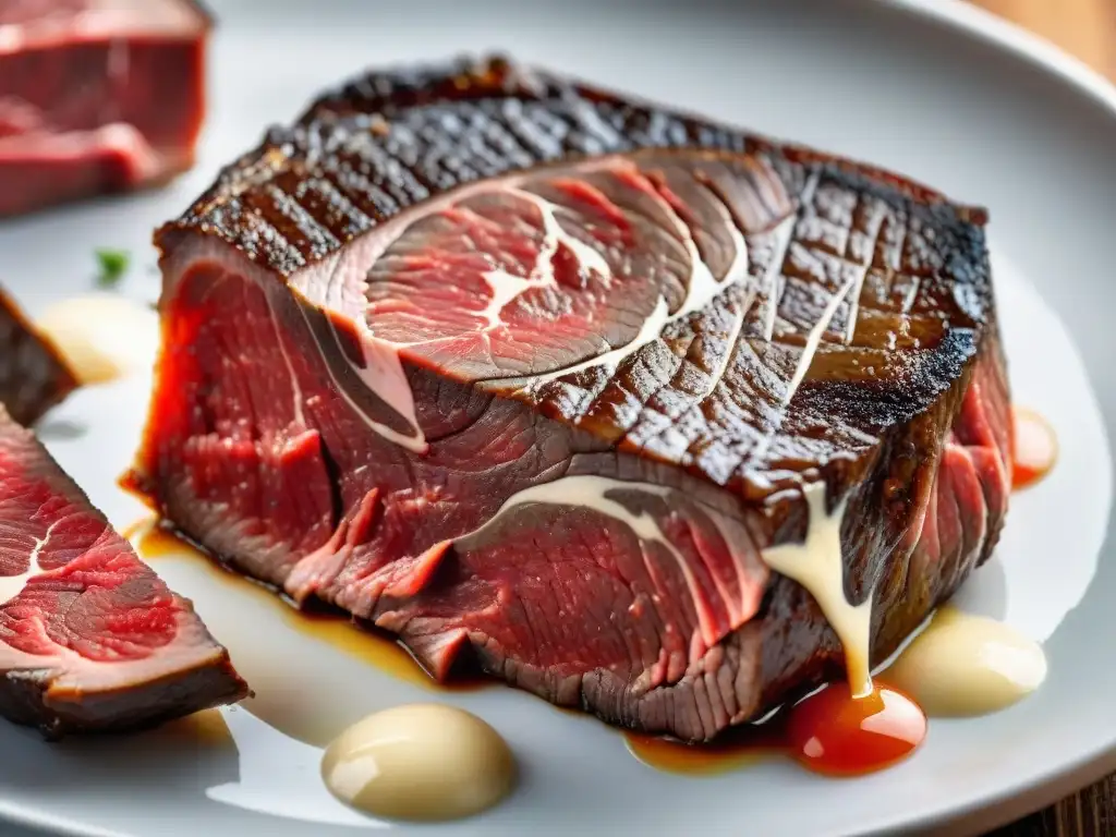 Delicioso corte de carne uruguaya: detalle y frescura Detalle impresionante de carne uruguaya marmoleada, jugosa y fresca