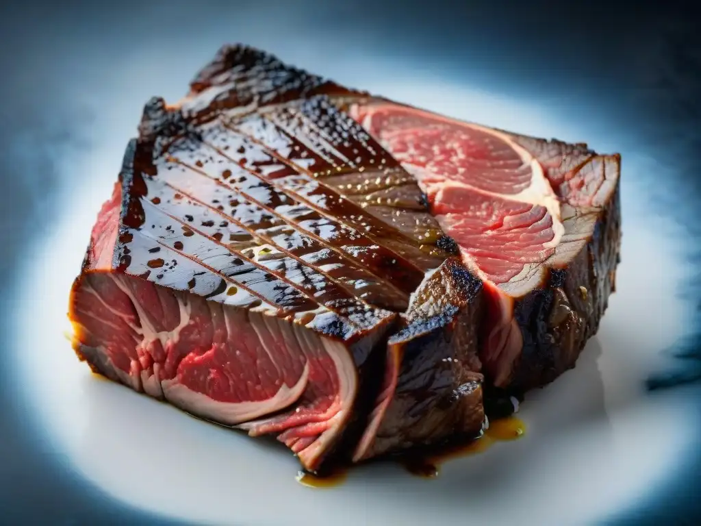 Detalle increíble de un corte de carne con veteado perfecto