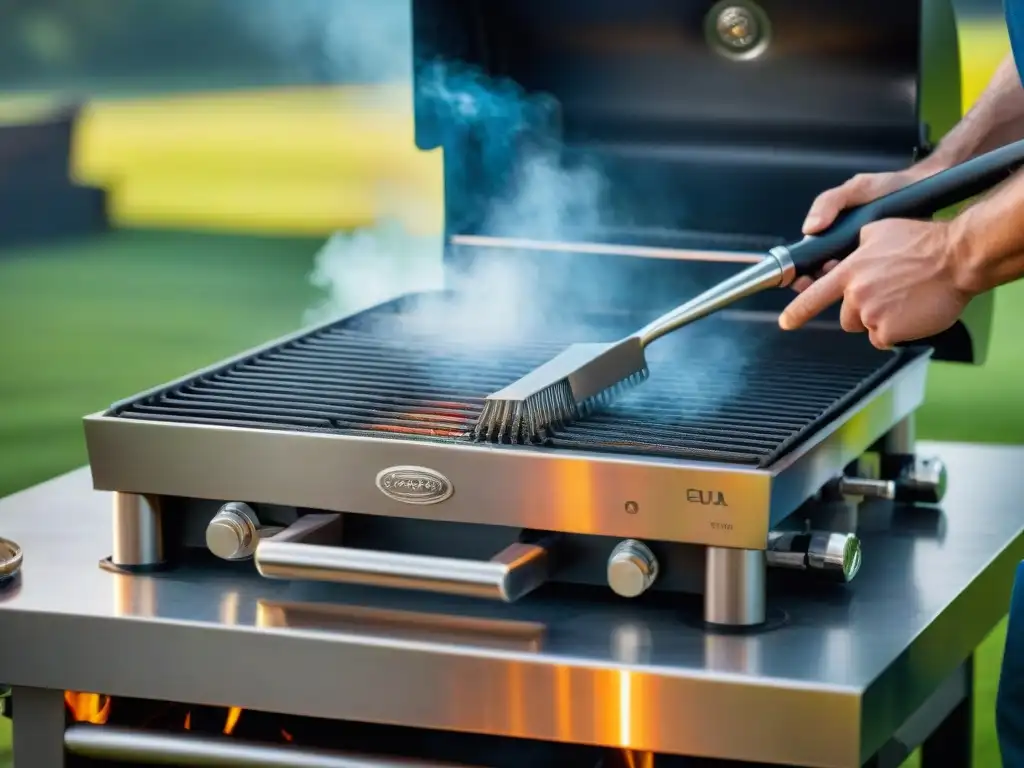 Detalle de limpieza de equipamiento para asado al atardecer