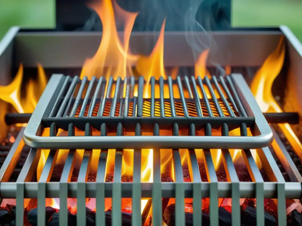 Detalle del grill de carbón listo para asar a la parrilla, con un fascinante juego de luces y sombras