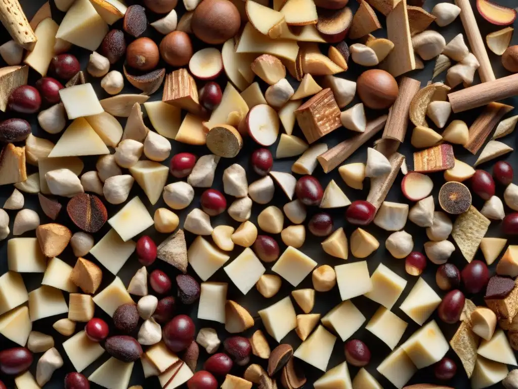 Detalle de maderas para asado: mesquite, hickory, cherry y oak, mostrando texturas y colores únicos para sabores intensos en parrilla