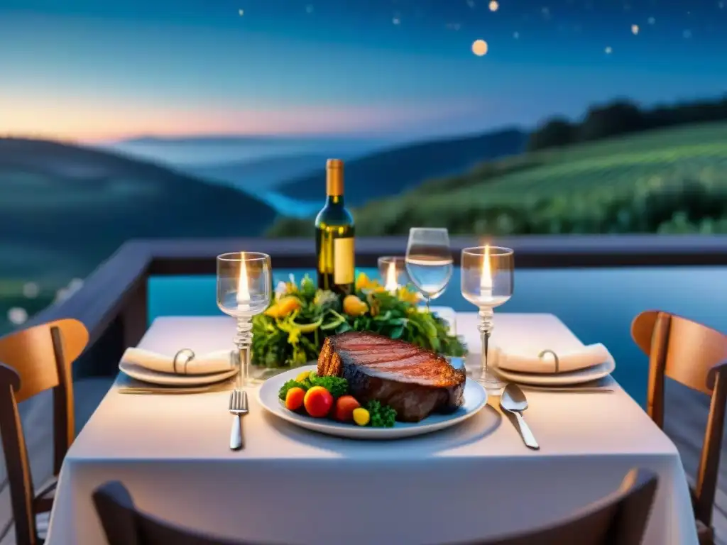 Detalle de mesa de cena al aire libre en noche estrellada con vajilla elegante y comida variada