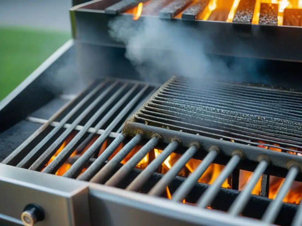 Detalle meticuloso al limpiar la parrilla de acero inoxidable, con gotas de agua brillando al sol