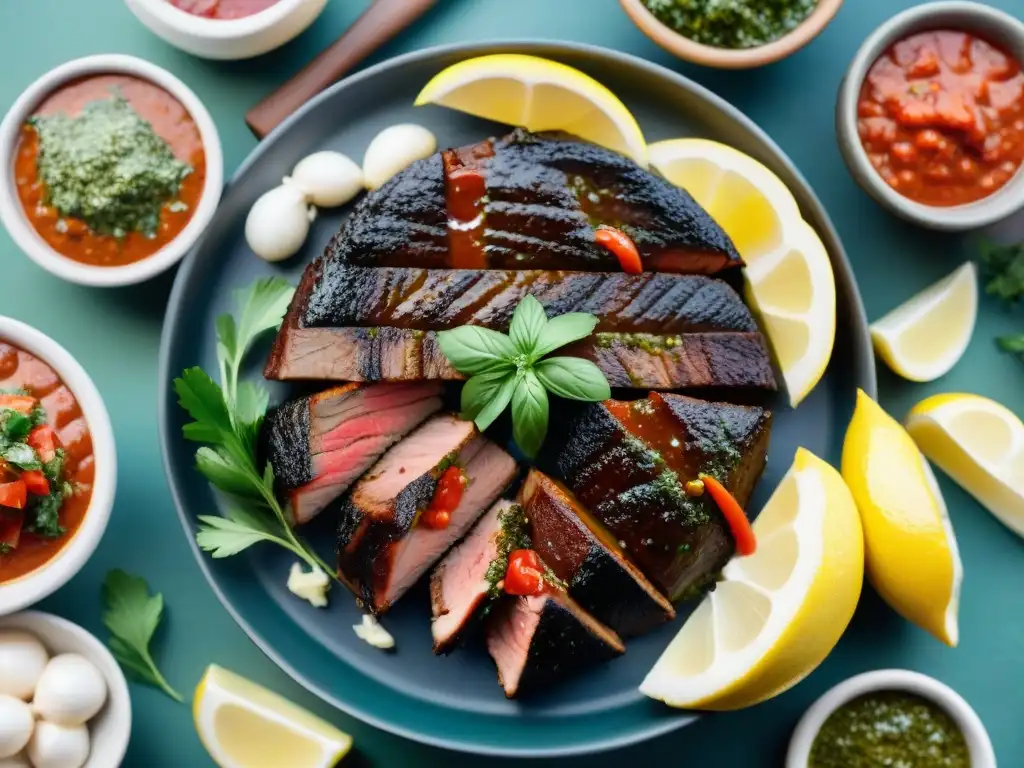 Detalle realista de un asado uruguayo con salsas caseras vibrantes, chimichurri, criolla, caruso y golf, ¡una fiesta de sabores para asado uruguayo!