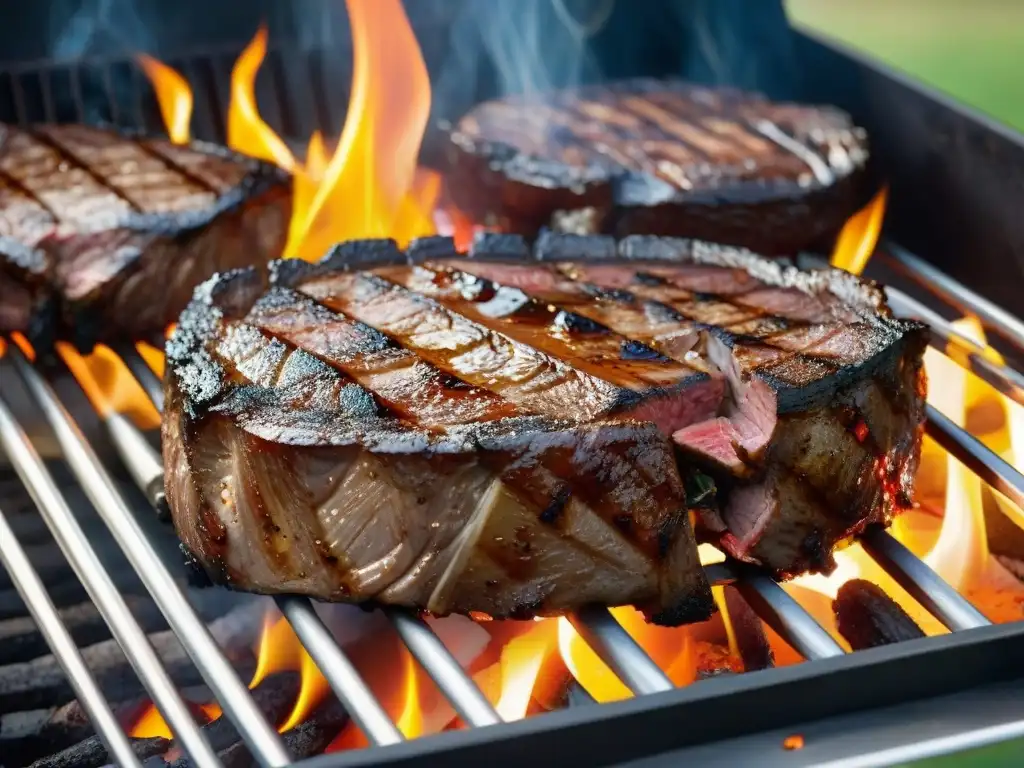 Detalle realista de parrilla con jugosos filetes cocinados a la perfección, destacando la importancia del mantenimiento para calidad carne