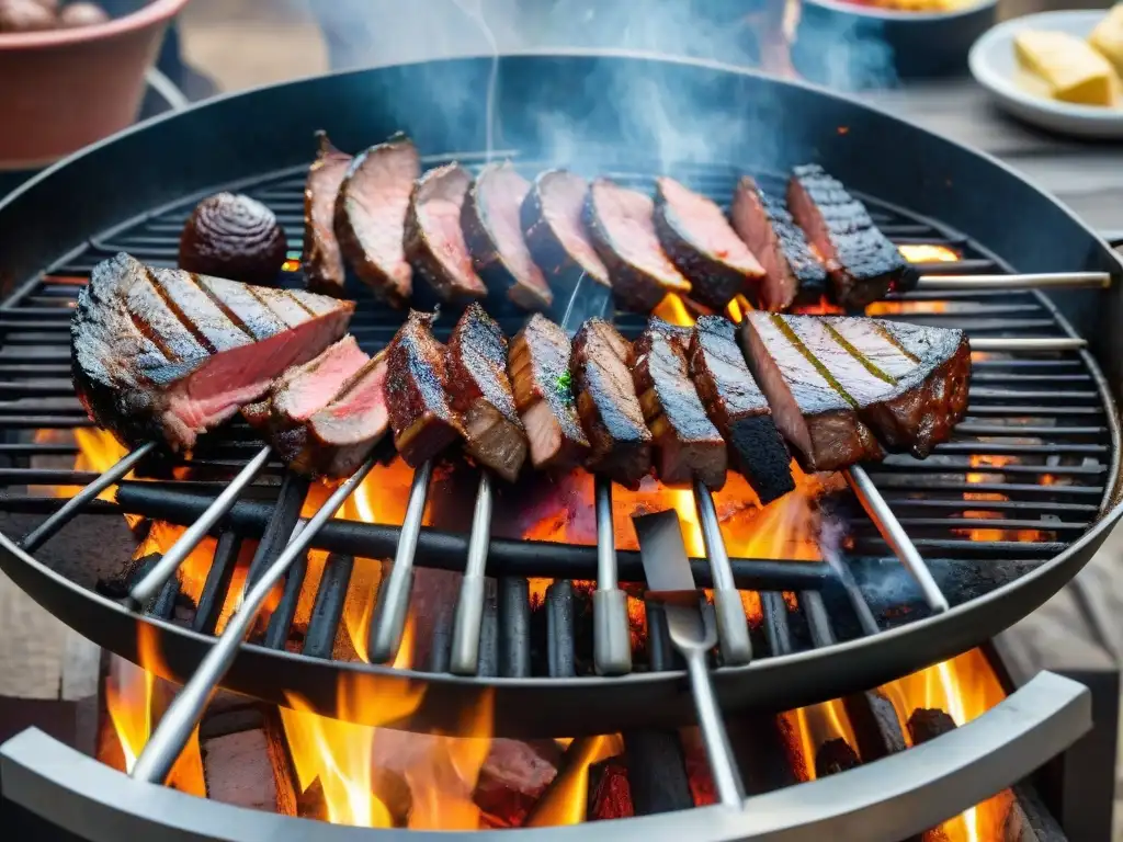 Detalle realista de una parrilla uruguaya tradicional con carnes asadas sobre brasas
