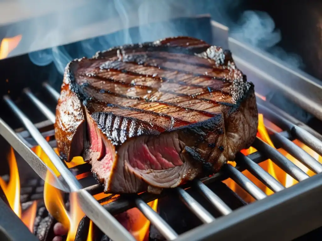 Detalle de un suculento filete siendo asado en diferentes materiales, mostrando las marcas y texturas únicas