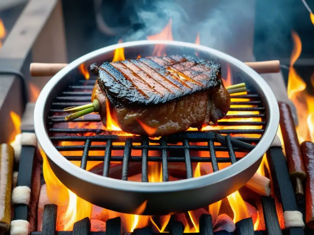 Detalle de la preparación tradicional de chinchulín asado en parrilla uruguaya