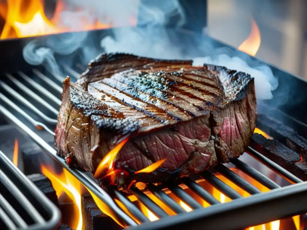 Detalles asombrosos de pinzas de precisión de acero inoxidable sujetando un jugoso filete, técnicas asado uruguayo