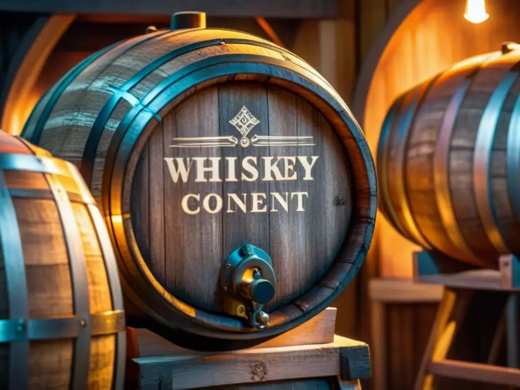 Detalles del barril de whiskey envejeciendo en bodega, con luz cálida filtrándose