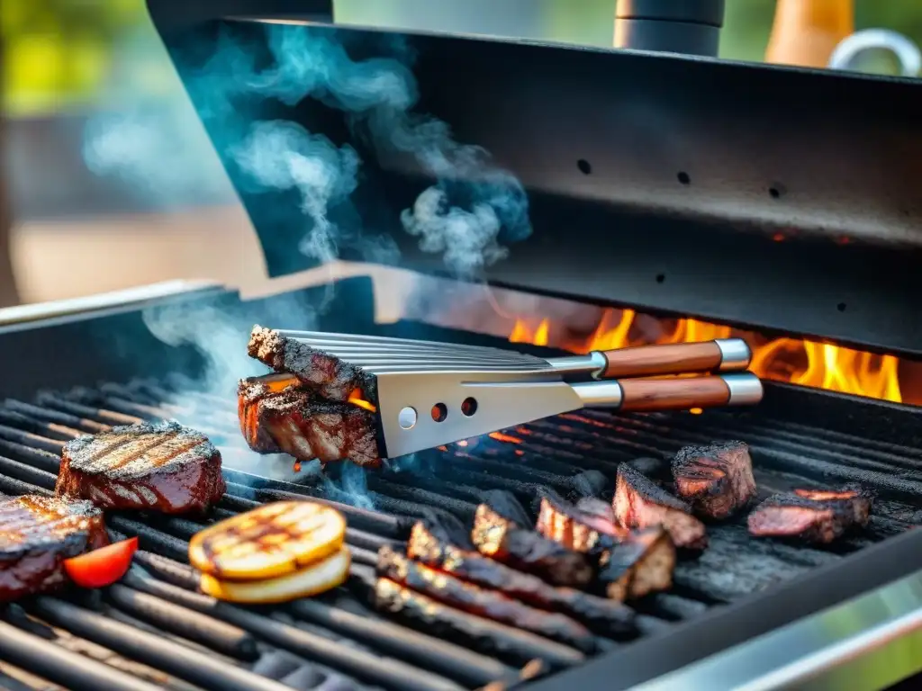 Detalles brillantes de pinzas para asado recomendadas bajo el sol, junto a una parrilla humeante