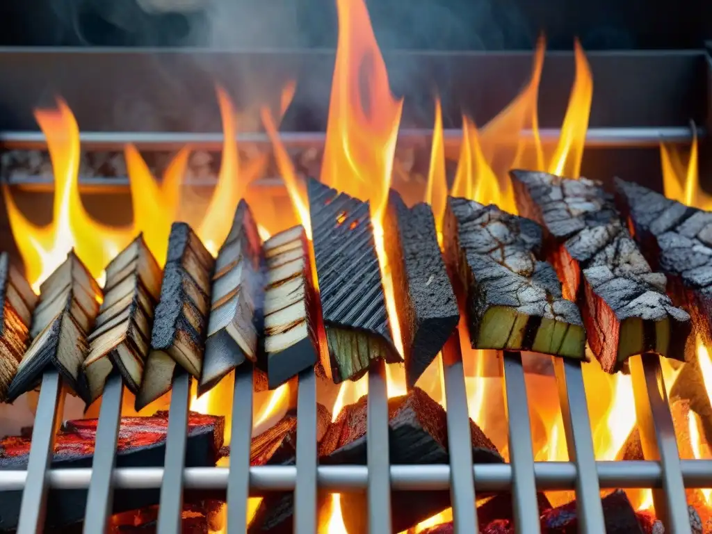 Detalles de materiales para asado: madera, carbón, rocas volcánicas y parrillas de acero inoxidable en un entorno de parrilla chisporroteante