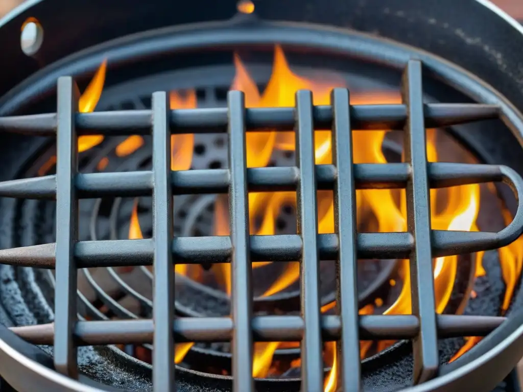 Detalles realistas de una parrilla de hierro fundido bien sazonada, resaltando durabilidad y cuidado