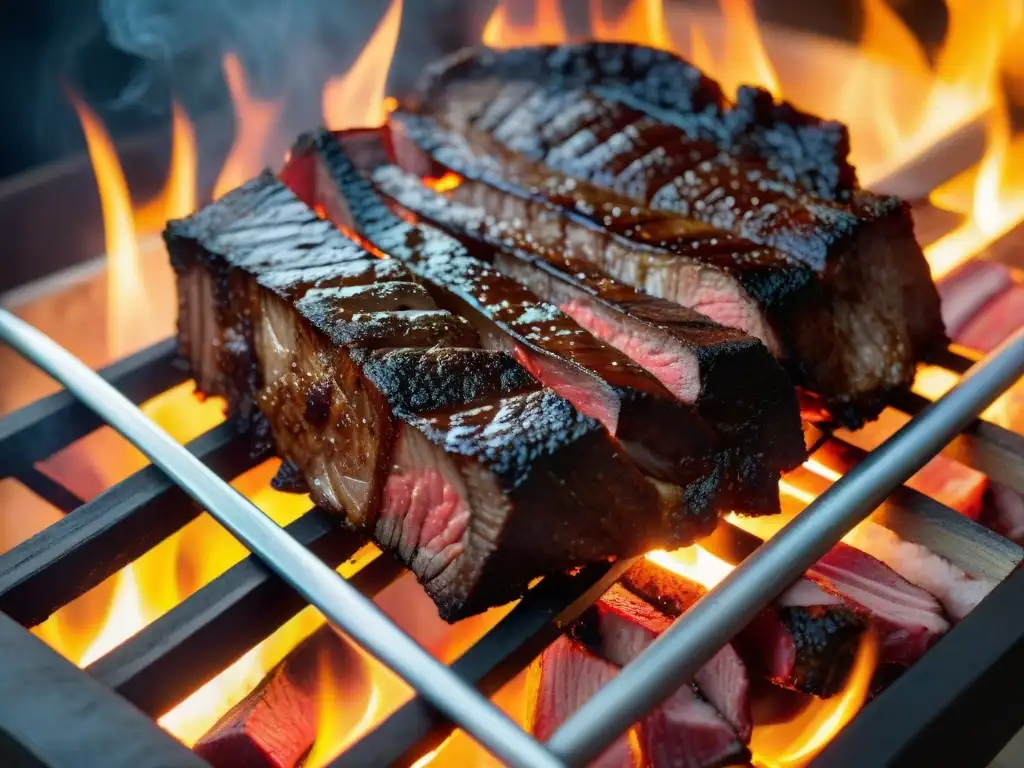 Detalles vibrantes de la parrilla uruguaya: asado de tira, vacío y chorizo cocinando sobre brasas ardientes, capturando la historia del asado uruguayo