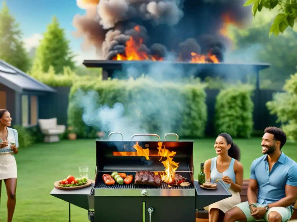 Barbacoa sostenible: Alegría y conversación en el jardín ecológico Un día perfecto: amigos sonrientes alrededor de una parrillada eco-friendly