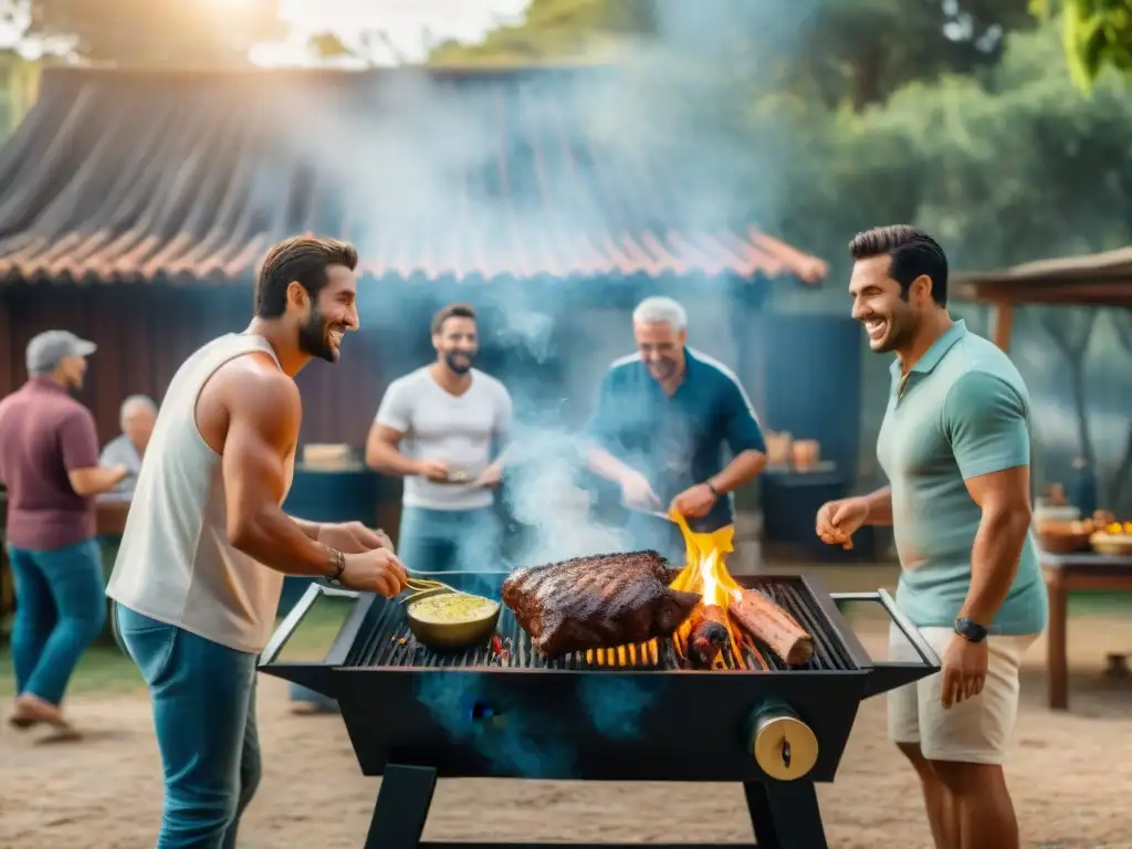 Un día perfecto en Uruguay: amigos y familia disfrutan de un asado tradicional, creando un ambiente cálido y acogedor