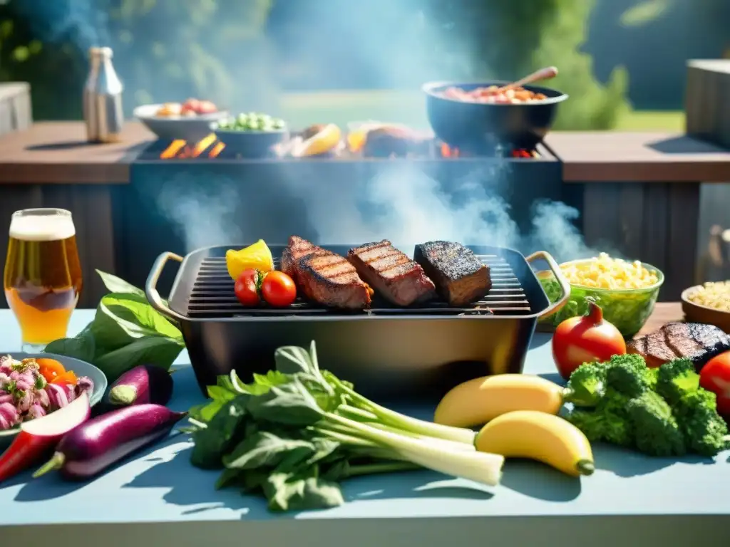 Un día perfecto de verano con cervezas ligeras para asados, amigos riendo alrededor de una barbacoa vibrante bajo el sol abrasador