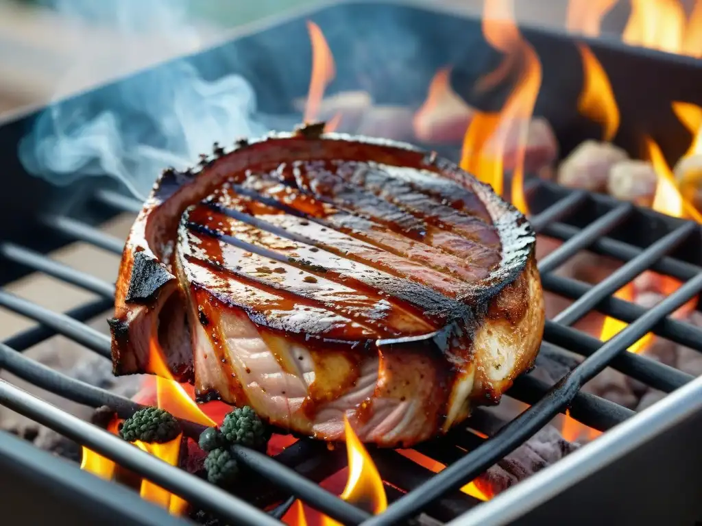 Diferencias asado cerdo res: Jugoso chuleta de cerdo a la parrilla con marcas caramelizadas, mientras se ahuma un brisket de res al fondo