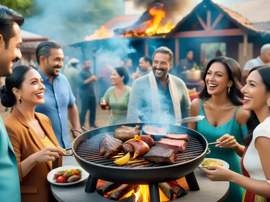 Diversidad cultural en asado uruguayo: Grupo variado disfruta de una parrillada, entre risas y conversaciones, en un entorno campestre pintoresco