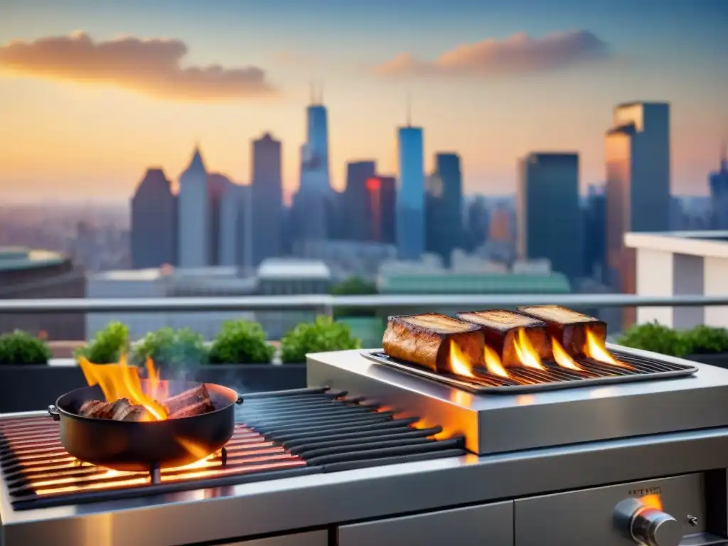 Un elegante asado a la parrilla sin humo en una terraza urbana con estilo al atardecer