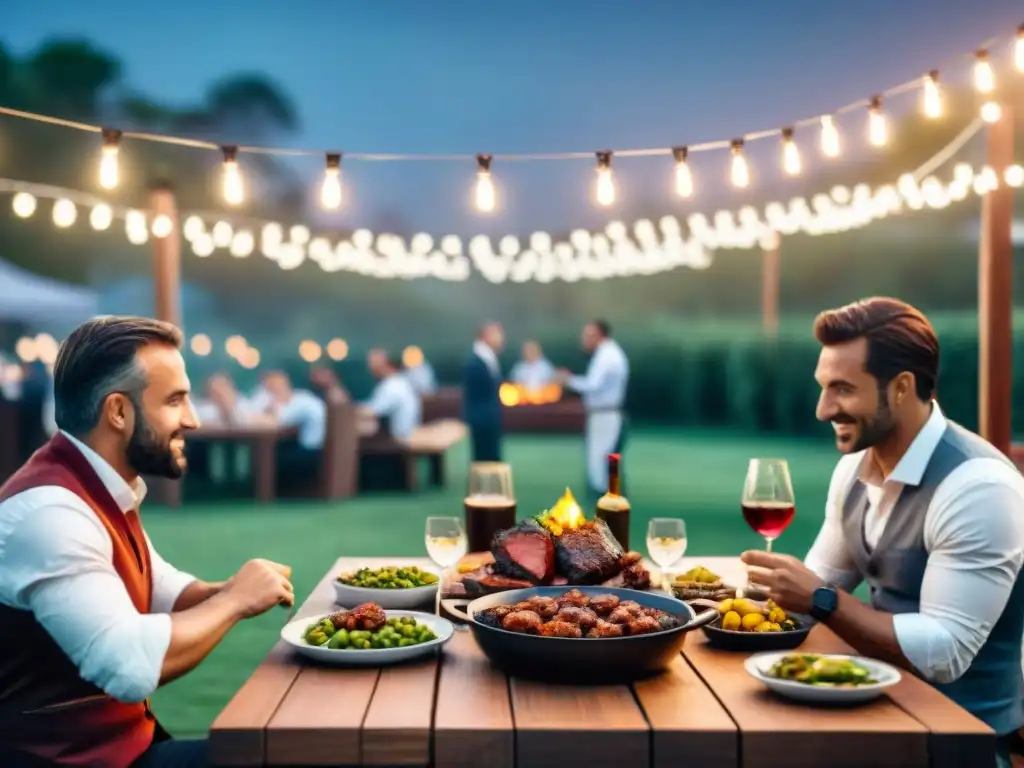 Un elegante asado uruguayo para eventos corporativos al aire libre con profesionales disfrutando la comida al atardecer